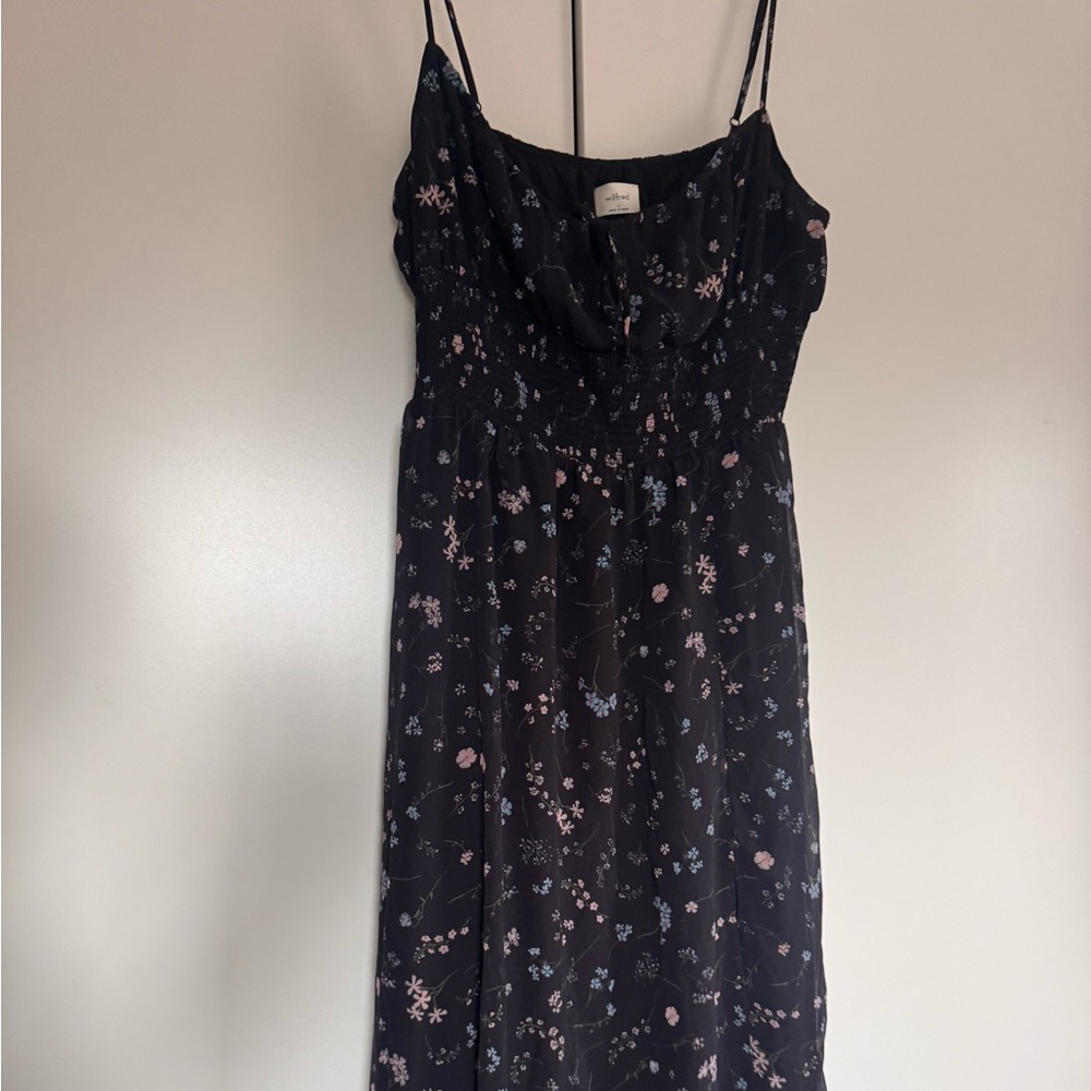 Aritzia Wilfred navy Floral Midi Dress with Pink and Light Blue Blooms